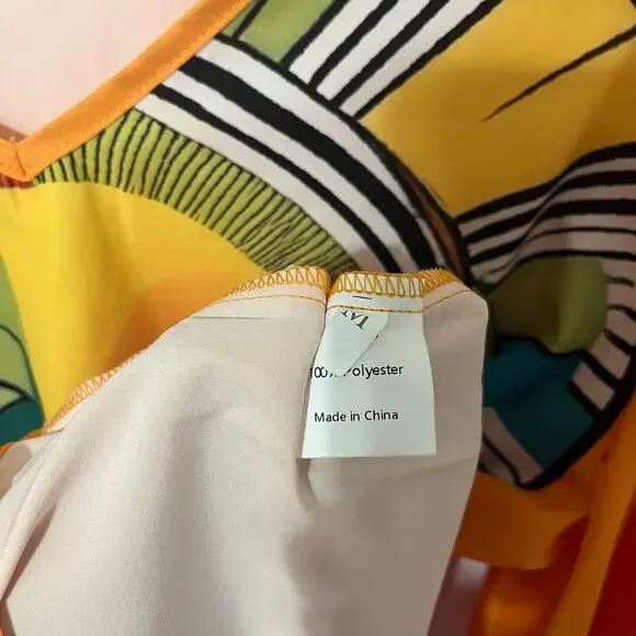 Uoozee Boho Abstract Artsy Sun Face Graphic Orange V Neck Balloon Sleeve Top - Picture 9 of 9